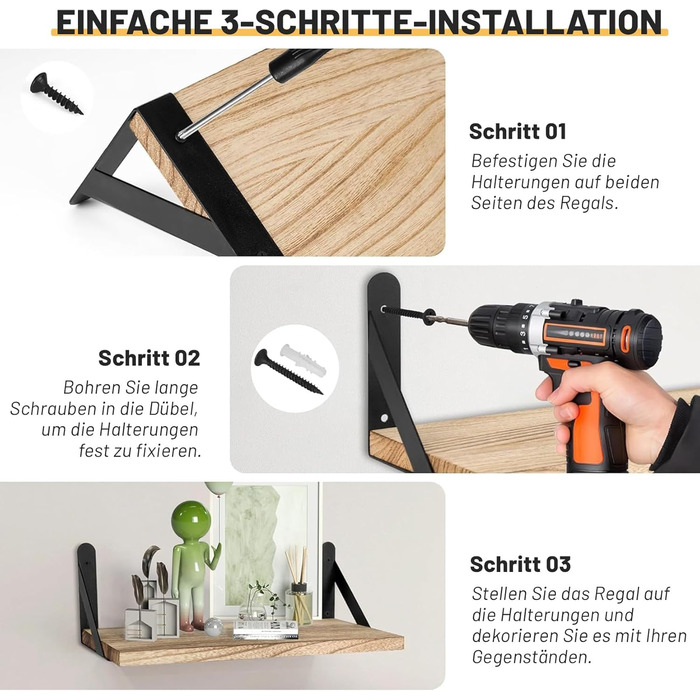 Настінна полиця з дерева та металу, комплект із 4 плаваючих полиць з 3 варіантами кріплення декоративна настінна полиця для вітальні, кухні, спальні, ванної кімнати та офісу, коричнева