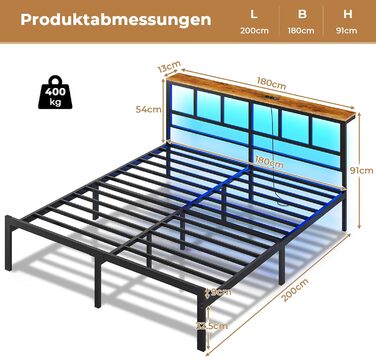 Ліжко 180x200 з металевою рейковою основою, каркас ліжка 180x200 см зі світлодіодним освітленням, зарядна станція (2 розетки змінного струму, 2 USB-порти), металеве ліжко 180x200 см з узголів&39ям та місцем для зберігання речей, двоспальне ліжко