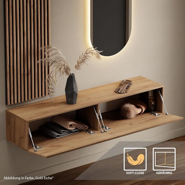 Вішалка для передпокою Planetmbel золотий дуб 160 см, настінна панель 50 см золотий дуб/антрацит з дзеркалом 50 см (без світлодіод