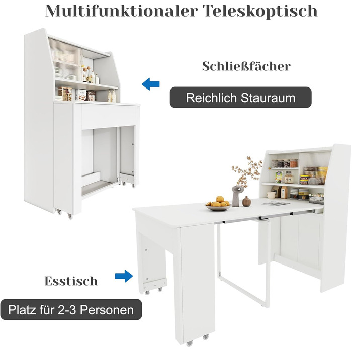 Розсувний обідній стіл, маленький, розсувний в одному напрямку, біла шафа для зберігання в їдальні, багатофункціональний обідній стіл, що економить місце, 52/132,5x80x76 см