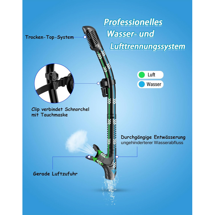 Набір для сноркелінгу QcoQce для дорослих, суха трубка з маскою для дайвінгу із загартованого скла із захистом від запотівання та протікання, панорамний вид та легке дихання для сноркелінгу та дайвінгу, чорний