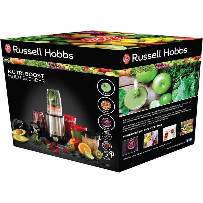 Блендер Russell Hobbs багатофункціональний блендер NutriBoost (включаючи 5 контейнерів без бісфенолу А та придатних для миття в посудомийній машині кришка, 22 000 об/хв, двигун 0,9 к.с.) електричний, смузі-машина 23180-56 одинарний