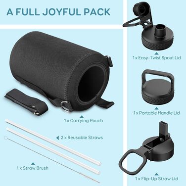 Пляшка для води Coolflask, ізольована, з соломинкою та 3 кришками, велика вакуумна пляшка з нержавіючої сталі, широкий отвір для с