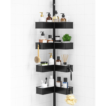 Кутова полиця для душу Kitsure з телескопічною стійкою, регульована по висоті, металеві кошики, монтаж без свердління, висота 87-290 см, ширина 24.6 см, чорний колір (24.6 x 24.6 x 290 см)