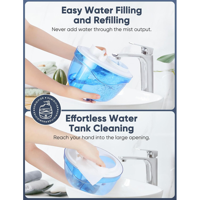 Зволожувач повітря, Зволожувач повітря для спальні 2,2 л з насадкою, що обертається на 360, Тихий на 28 дБ, Автоматичне вимкнення