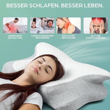 Подушка для шиї Flowen з піни з ефектом пам&39яті, ортопедична та ергономічна подушка для ліжка, допомагає при болю в шиї, підтримує шию та запобігає хропінню, чохол з поліестеру, який можна прати