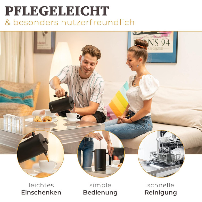 Голдвівер Френч-прес преміум класу 1 л Прес для кави з нержавіючої сталі S-304 Нержавіюча сталь Термоглечик з подвійними стінками 0,8 мм Чай/кава ізольована Ручна кавоварка матовий чорний