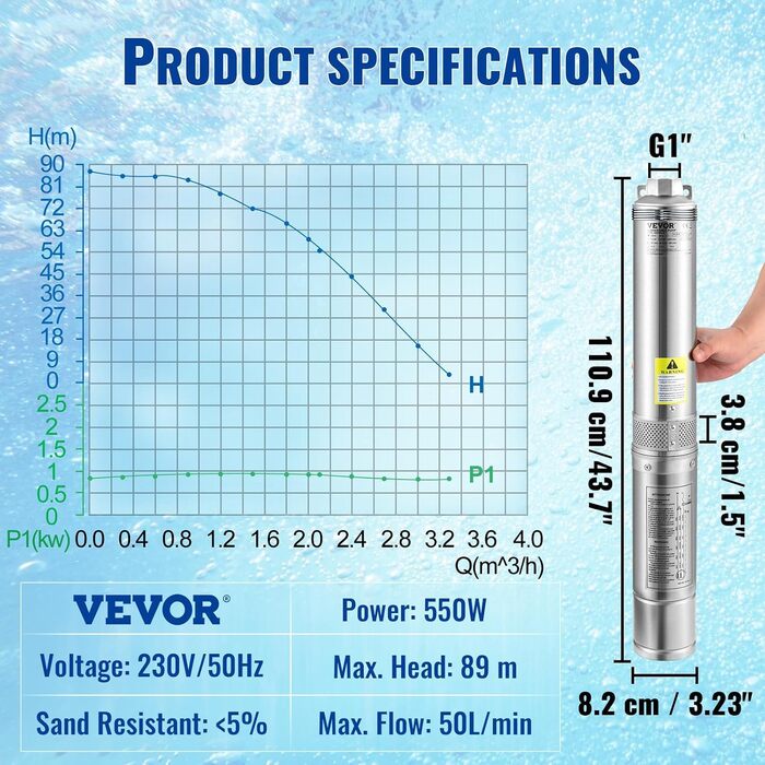 Заглибна насосна установка VEVOR 3' 550 Вт, макс. продуктивність 50 л/хв, напір 89 м, стійка до піску (5), 2850 об/хв, для прісної води, поливу та дренажу, срібляста