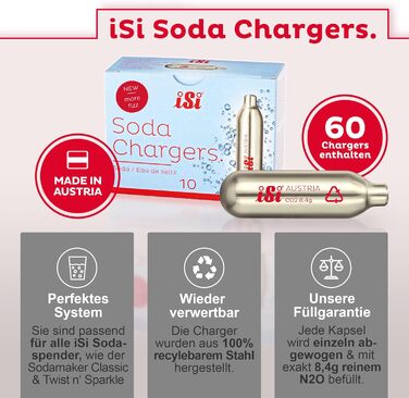 Сифон для газованої води 1 л з капсулами CO2 6x10 в стартовому наборі - Картриджі для газованої води з нержавіючої сталі для газованої води, лонг-дрінків і коктейлів - Аксесуари для бару Soda Maker - Зроблено в Австрії