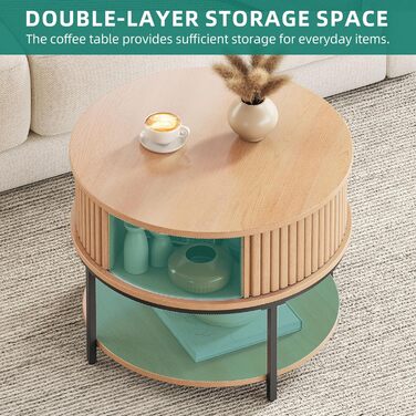 Круглий журнальний столик YITAHOME, журнальний столик з 2-рівневим місцем для зберігання, журнальні столики з розсувними дверима в дизайні тамбура для вітальні, дерев&39яні журнальні столики, дуб класичний