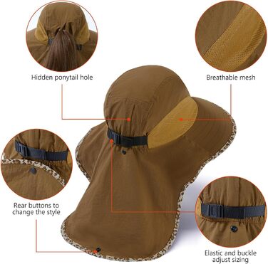 Унісекс сонцезахисний капелюх Bassdash, UPF 50, рибальський капелюх, водовідштовхувальний, з широкими полями та великим захистом шиї, хвіст, чоловічий/жіночий, один розмір, карамельний/леопардовий