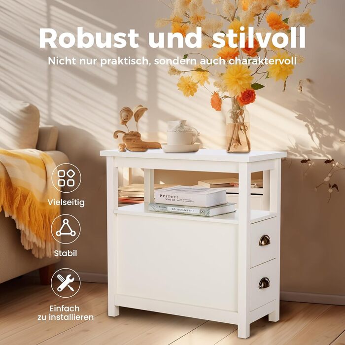 Журнальний столик MAISON ARTS, вузька тумбочка з 2 шухлядами, журнальний столик для вітальні, спальні, колір слонової кістки