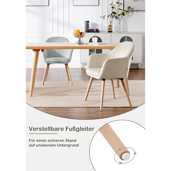 Обідні стільці WOLTU, комплект з , для спальні, кухні, вітальні, м&39які кухонні стільці з підлокітниками, виготовлені з оксамиту та масиву дерева, кремово-білий, комплект з