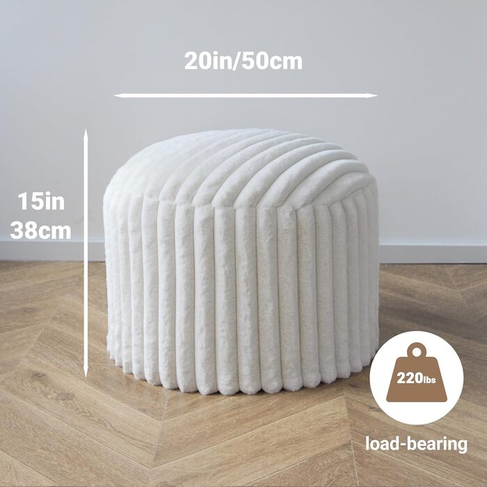 Круглий пуф-табурет, кругла пуф-мішок для ніг, диванний табурет, пуф для ніг з високоякісним штучним хутром, пуф, подушка-пуф для квасолі, сидіння для дивана та вітальні, 38x50x50 см, білий