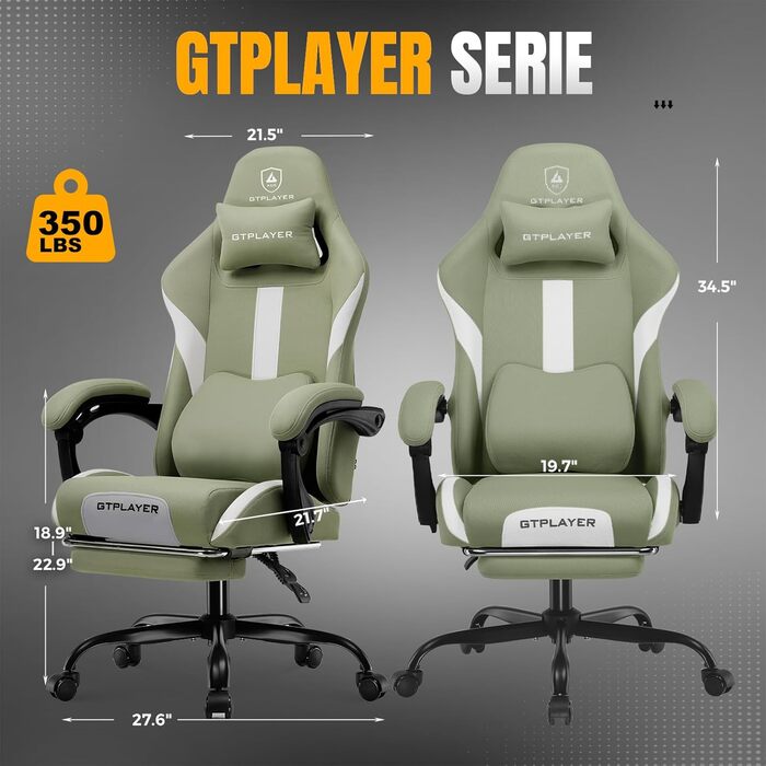 Ігрове крісло GTPLAYER, Геймерське крісло, Дихаюче офісне крісло з високоякісної тканини, Ергономічне крісло для ПК, Регульоване та поворотне робоче крісло 150 кг, Зелене