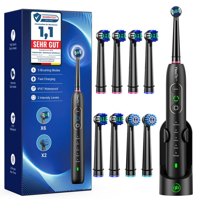 Електрична зубна щітка з обертанням для дорослих та дітей, 8 насадок (2 типи), 3 рівні інтенсивності, 5 режимів, з настінним тримачем та зарядною станцією, таймер чищення 2 хвилини, чорний колір, (в упаковці)