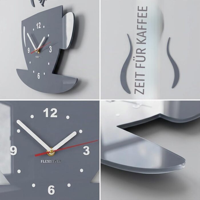 Настінний годинник FLEXISTYLE Time for Coffee для сучасної кухні, сірий, 3D римські цифри, декор для стін, 32 x 19 см