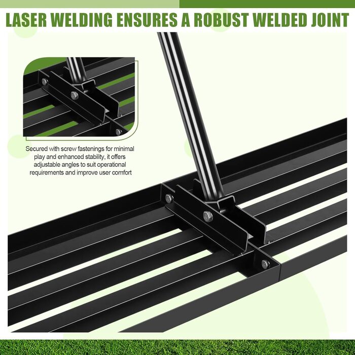 Гребінь для вирівнювання газону з нержавіючої сталі 76x25 см, з ергономічною регульованою ручкою 194 см, для видалення сміття, піску та вирівнювання газону в саду, на гольф-полі та подвірї