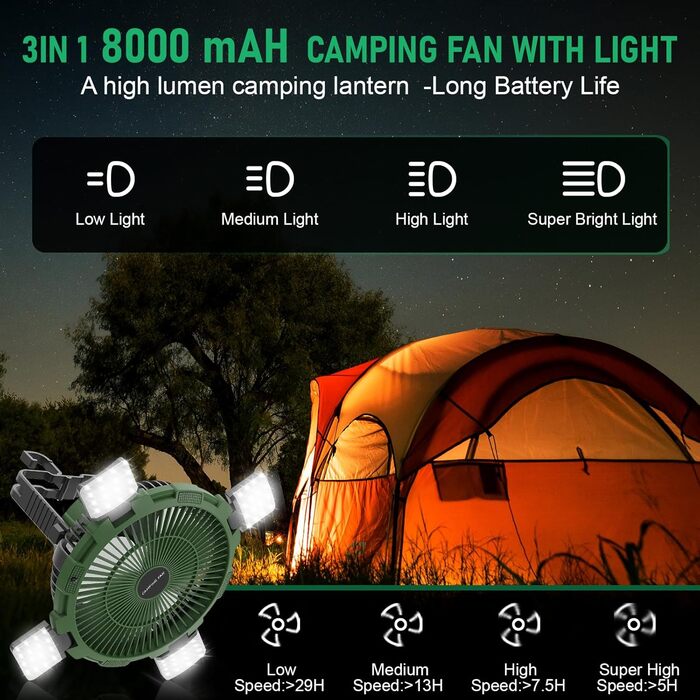 Вентилятор для кемпінгу Qoosea 3 IN 1 8000mAh Тихий вентилятор для кемпінгу зі світлодіодним підсвічуванням для намету Настільний USB-вентилятор з гачком Пульт дистанційного керування Портативний вентилятор для риболовлі на вулиці Автомобіль Домашній офіс