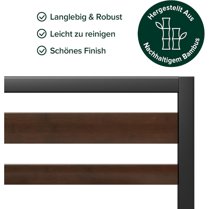 Ліжко Zinus Kai каркас 90 x 200 см з бамбуковим узголів&39ям - Металеве ліжко 90x200 з металевою рейковою основою - Платформа заввишки 80 см з простором під нею - Пружинний матрац не потрібен - Чорно-коричневий 90x200 см Стиль B