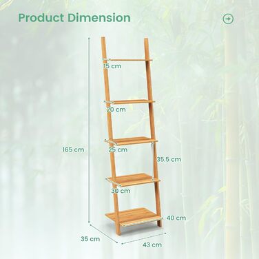 Бамбукова полиця GIANTEX, окремостояча книжкова шафа з 5 ярусами, настінна полиця, полиця для сходів, полиця для рослин для вітальні, ванної кімнати, кухні, 43 x 35 x 165 см, натуральний колір