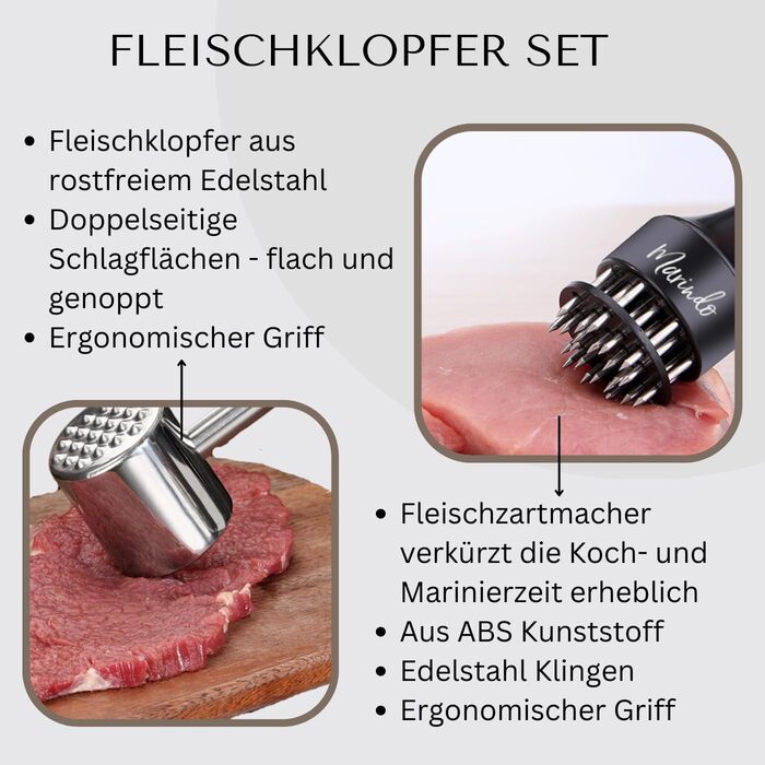 Набір для розпушування м'яса Marindo - розпушувач м'яса та щітка для чищення в комплекті двосторонній розпушувач м'яса з нержавіючої сталі, можна мити в посудомийній машині розпушувач м'яса з 20 лезами з нержавіючої сталі