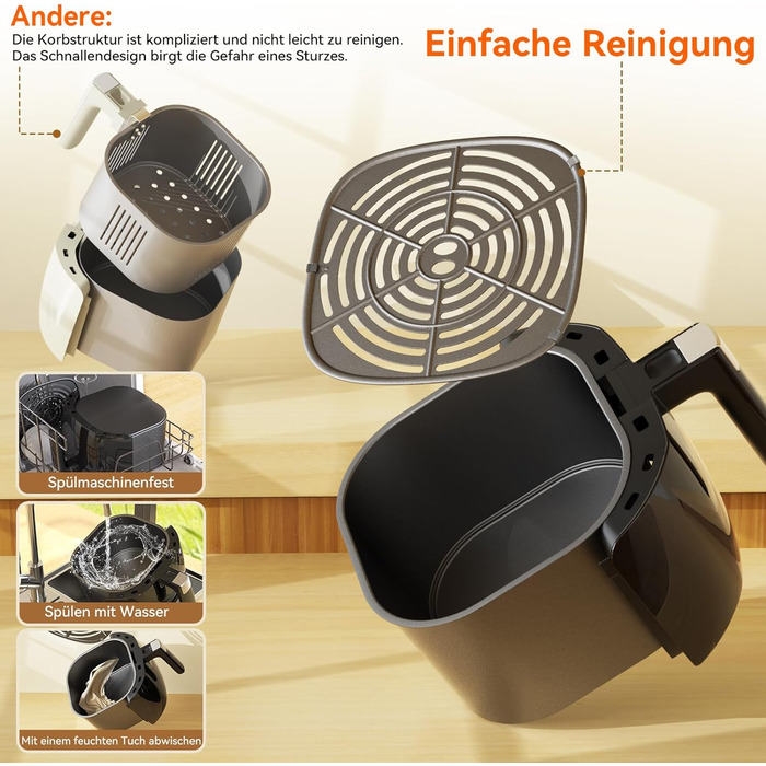 Фритюрниця Hermitlux 5.5 л XXL, 10 програм фритюрниці з цифровим світлодіодним сенсорним екраном, фритюрниця з гарячим повітрям без олії, попередній нагрів і підтримання тепла, з рецептом, 1500 Вт можна мити в посудомийній машині