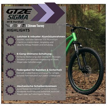 Серія Goetze Sigma MTB Hardtail Колеса 20, 24, 26 дюймів Перемикач швидкостей на 6/7 швидкостей з поворотною ручкою перемикання передач Алюмінієва рама з амортизаційною вилкою та дисковими гальмами Для дітей та підлітків 90 попередньо зібраний 11 дюймів, 