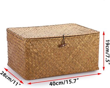 Кошик для зберігання морської трави IGNPION з кришкою, плетений настільний кошик з лози, прямокутний органайзер для зберігання у ванній кімнаті, декоративний кошик під полицею для вітальні, багатоцільовий кошик для зберігання (XL, 40x28x19 см, карамельний