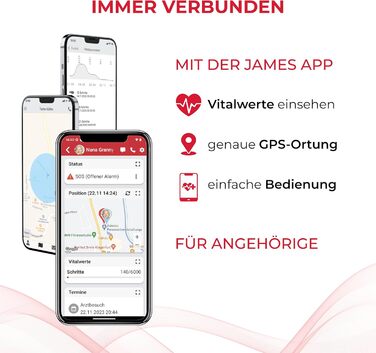 Годинник James B8 для екстрених випадків та безпеки для людей похилого віку GPS, виявлення падіння, кнопка SOS, монітор серцевого ритму, функції для здоров&39я, сімейний додаток, гучний будильник чорний/білий вкл. SIM-картку та 2 місяці безкоштовного тари