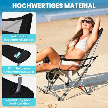 В-1 кемпінгове крісло 180 кг з підставкою для ніг, пляжне крісло з 4-позиційною регульованою спинкою, складне крісло-реклайнер з підсклянником, кемпінгове крісло для використання на свіжому повітрі, , чорний колір, 2-