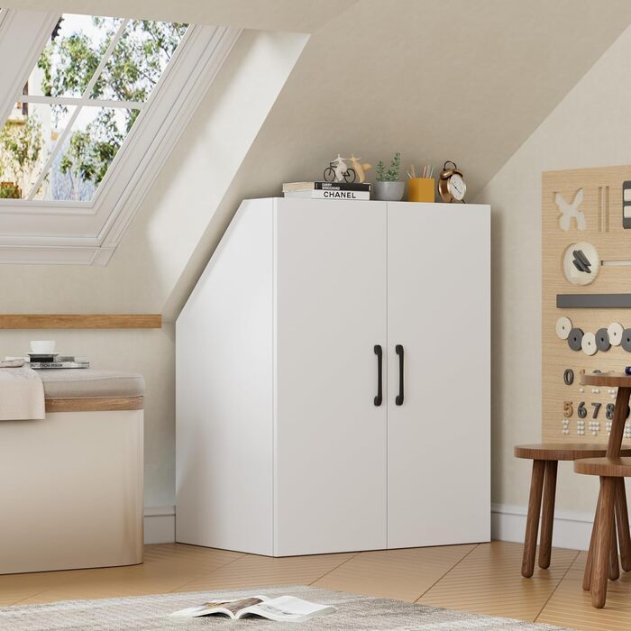 Похила стельова полиця MSFE з 2 дверима, 100x80x51,5 см, шафа для похилих стін у спальнях на горищі, біла дерев&39яна книжкова полиця, 4-рівнева полиця для похилих стель (2 двері)