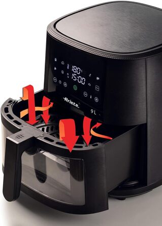 Аерофритюрниця Ariete 4630, 9 л, 1500 Вт, 8 програм, функція гриля, до 3,5 кг продуктів, температура до 200 C, прозорий кошик, чорна