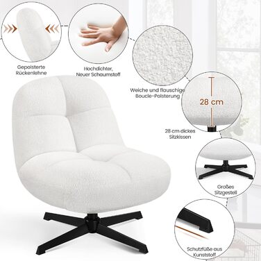 Крісло Yaheetech з тканини букле, м&39яке крісло без підлокітників, сидіння з поворотом на 360, крісло для вітальні/спальні/вітальні, білий колір