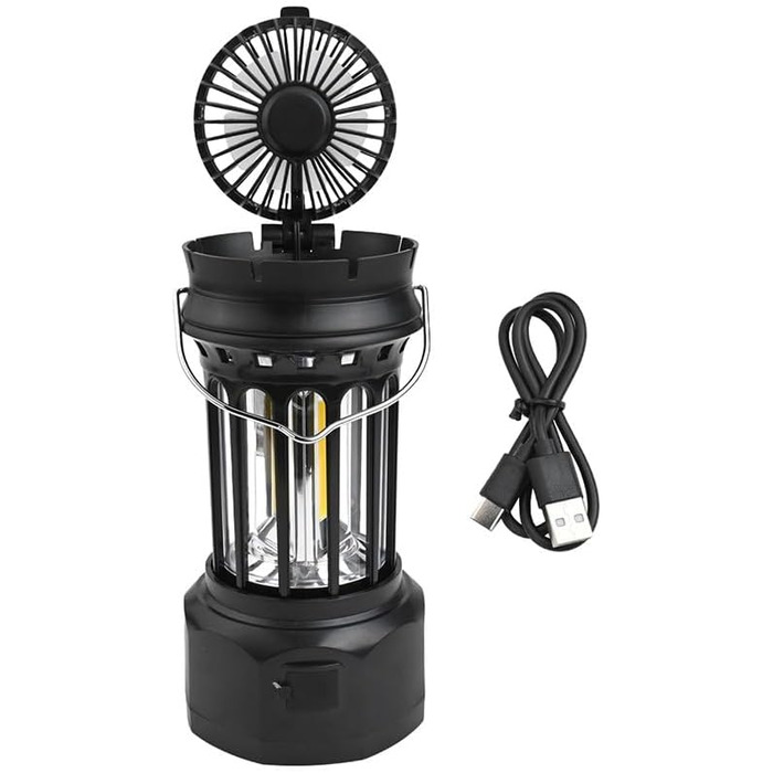 Ліхтар для кемпінгу, портативний багатофункціональний ліхтар з акумулятором 1200 мАг, складний вентилятор та зарядка через порт Type-C, 250 люмен, ABS хромоване залізо, чорний/білий