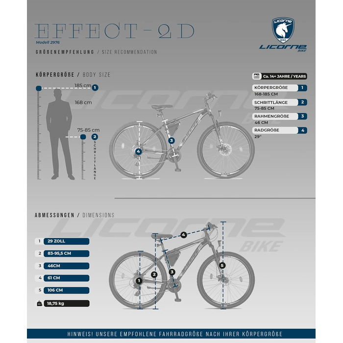 Гірський велосипед Licorne Bike Effect Premium з алюмінієвими дисковими гальмами, для хлопчиків і дівчаток, 21 швидкість, чорний/білий (2 дискові гальма), 29,0 дюймів