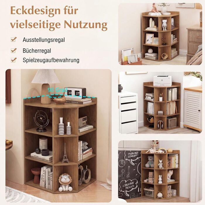 Кутова книжкова полиця COSTWAY із 3-рівневою зарядною станцією, кутова полиця з 9 відділеннями, 2 USB-портами та 4 розетками, полиця для зберігання речей для спальні, вітальні (натуральний колір)