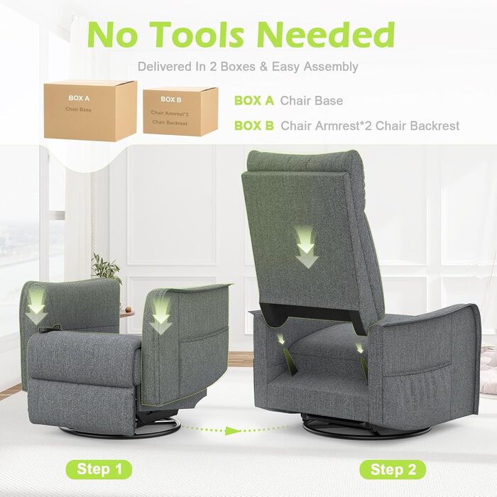 Крісло для телевізора/масажне крісло з функцією відкидання, крісло для релаксації з підігрівом та масажем, крісло для телевізора з поворотом на 360 для вітальні, крісло-гойдалка з м&39яким підголівником, 2 бічні кишені, сірий