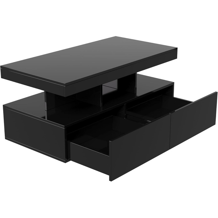 Глянцевий журнальний столик зі світлодіодним освітленням, сучасний журнальний столик для вітальні, чорний журнальний столик з відкритою полицею та 2 шухлядами, прямокутний журнальний столик для вітальні, 104x53x46 см