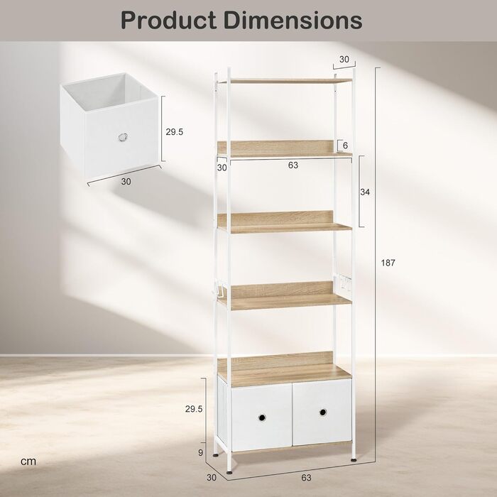 Окремостояча полиця WOLTU, книжкова полиця з 5 полицями та 2 шухлядами, настільна полиця для вітальні, кухні, кабінету, спальні, з металевим каркасом, 63x187x30 см, світлий дуб білий, RGB62whe 63x30x187 см Світлий дуб білий