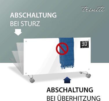 Електричний обігрівач TRINITI, конвекторний обігрівач з термостатом до 2000 Вт, елегантне загартоване скло, світлодіодний дисплей, таймер, тонкий та тихий, захист від перекидання та перегріву, коліщатка, настінний, БІЛИЙ