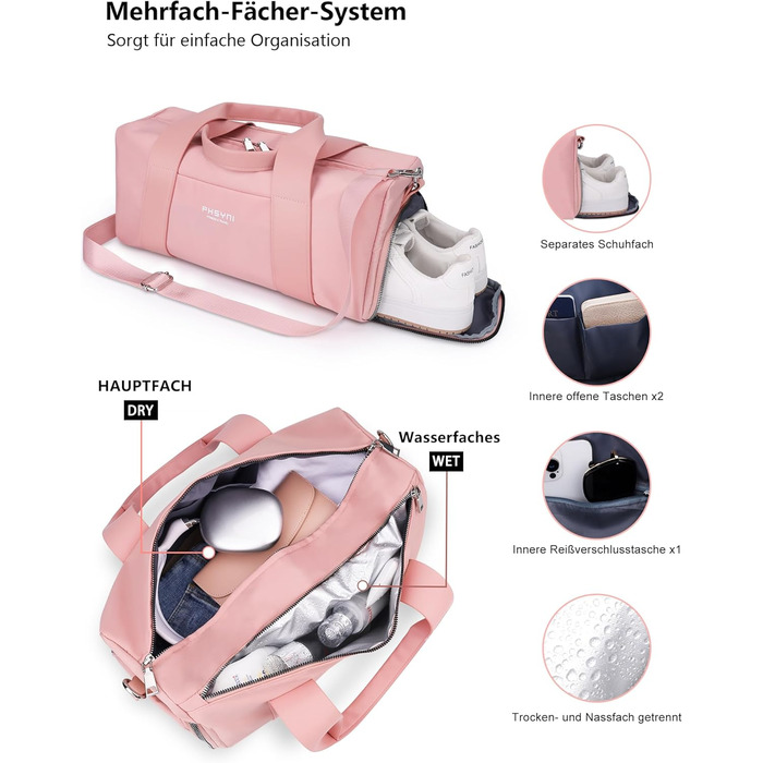 Спортивна сумка 16 дюймів для жінок та дітей, з відділенням для взуття та роздільником для вологих/сухих речей, рожева, малий розмір 16 дюймів