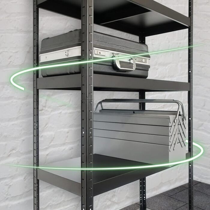 Міцний стелаж - ВxШxГ 180 x 90 x 40 см - Чорний - Вантажопідйомність 650 кг - Стелаж без болтів з 5 полицями - Навантаження на полицю 130 кг - Зроблено в ЄС - Міцний металевий стелаж - Легке складання - Для майстерні та складу