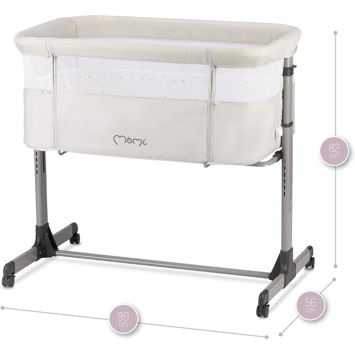 Багатофункціональне приліжкове та дитяче ліжко Momi REVO, 6-рівневе регулювання висоти від 72 до 82 см, з колесами, включаючи матрац, кріпильні ремені, сітку від комах та ручку з іграшками