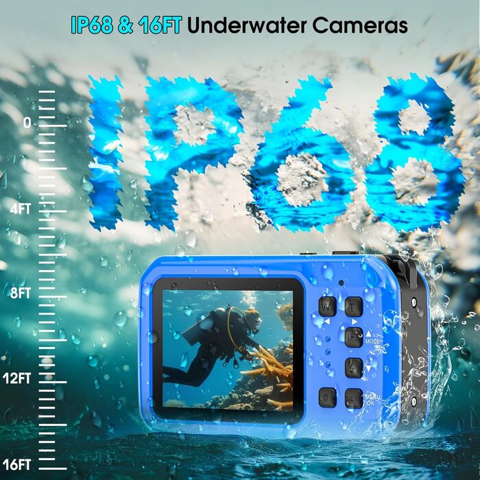 Підводна камера 4K UHD, 64-мегапіксельна цифрова камера з автофокусом, водонепроникна з картою пам&39яті 32 ГБ, захист IP68 та 16-футова підводна камера з IPS HD екранами, 16-кратним плаваючим цифровим зумом, підсвічуванням, для підводного плавання UP014B