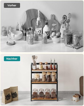 Рівнева полиця для спецій, кухонна полиця, полиця для зберігання, стільниця, бамбукова рама, для кухні, їдальні, офісу, вінтажний коричнево-чорний OFS047B01 3 яруси (41Ш см) вінтажний коричневий чорний, 3-