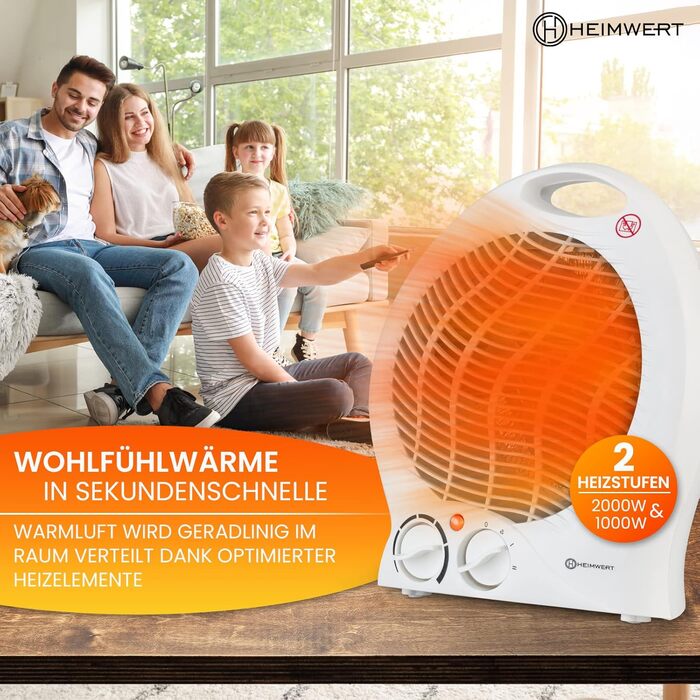 Енергозберігаючий вентилятор-обігрівач 2000 Вт - Швидкий нагрів з режимом енергозбереження та ручкою для перенесення - Електричний обігрівач з термостатом та 2 режимами нагріву Функція охолодження 2 в 1 22x29x13 см (білий)