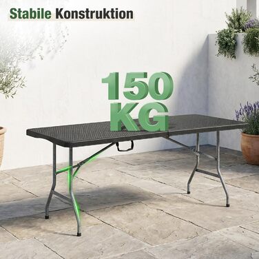 Розкладний фуршетний стіл Sekey, пластик 180 x 74 x 74 см, садовий стіл під ротанг з ручкою для перенесення Розкладний стіл для вечірок для саду, патіо та балкону Кемпінговий стіл на 6 осіб (чорний) Чорний/ротанг