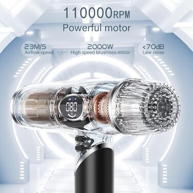 Фен з 200 мільйонами негативних іонів, наднизький рівень шуму 57 дБ, безщітковий мотор 110 000 об/хв, вага 340г, складаний фен з 3 дифузорами, LCD-дисплеєм, для подорожей, чорний, 2000W