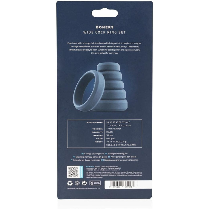 Набір ерекційних кілець Boners, 6 штук, силікон, для тривалої та твердої ерекції, сірий
